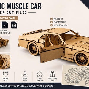 Może przedstawiać: Wycinany laserowo drewniany model klasycznego samochodu typu muscle car z otwartymi drzwiami. Obraz zawiera tekst "CLASSIC MUSCLE CAR LASER CUT FILES" i "DIGITAL DOWNLOAD". Zaprojektowany dla entuzjastów cięcia laserowego.