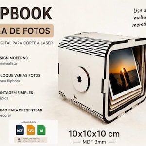 以下が含まれることがあります： 写真が表示された、10x10x10cmの白い木製フリップブックフォトボックス。ボックスはモダンなデザインで、3mmのMDF製です。ボックスのテキストには「Flipbook」と「フォトボックス」が含まれています。