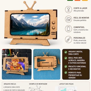 May include: A laser-cut wooden phone stand in the shape of a retro TV. The stand displays a landscape image on the screen. The design includes a stand, antenna, and control knobs. The image also shows the digital file formats available.