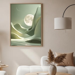 Abstraktes Wandbild Salbeigrün Vollmond Minimalist Moon Art Print A4 A3 | Poster für inneren Frieden |Digital Download | Goldene Stille No.1