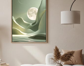 Sage Green Moon Canvas Wall Art,Framed Botanical Print,Japandi Living Room Decor Minimalist Oriental Art,Large Wall Art Gift download