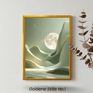 Abstraktes Wandbild Salbeigrün Vollmond Minimalist Moon Art Print A4 A3 | Poster für inneren Frieden |Digital Download | Goldene Stille No.1