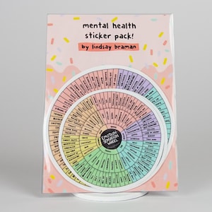 May include: A sticker pack with a pink background and colorful sprinkles. The sticker pack includes a round sticker with the text "Emotion-Sensation Wheel" and a list of words and phrases related to emotions and sensations. The sticker pack is titled "Mental Health Sticker Pack!" and is by Lindsay Braman.