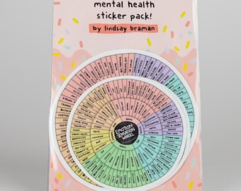 Puede incluir: Un paquete de pegatinas con fondo rosa y salpicaduras de colores. El paquete de pegatinas incluye una pegatina redonda con el texto "Rueda de emociones y sensaciones" y una lista de palabras y frases relacionadas con las emociones y las sensaciones. El paquete de pegatinas se titula "¡Paquete de pegatinas para la salud mental!" y es de Lindsay Braman.