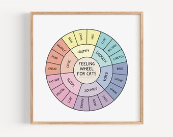 Puede incluir: Un gráfico circular colorido con las palabras "Feeling Wheel for Cats" en el centro. La rueda está dividida en secciones con diferentes comportamientos de gato, como "Snuggle", "Purr", "Kneed", "Cat Nap", "Snooze", "Love", "Sleepy", "loaf", "Pounce", "Boop", "Zoomies", "Fast!", "Chaos", "Catnip", "Birds", "Stretch", "Big Sigh", "Dramatic", "Flop", "Hiss", "Swat", "Grumpy" y "Sulk".
