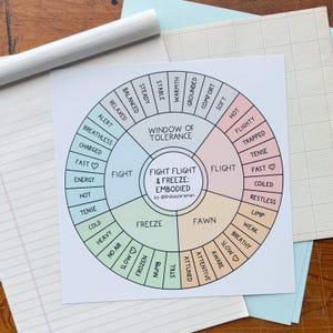 Puede incluir: Un diagrama circular colorido titulado "Ventana de Tolerancia", dividido en secciones "Fight", "Flight", "Freeze" y "Fawn". El diagrama incluye palabras como "Relajado", "Caliente" y "Atento". También está presente el texto "Fight Flight & Freeze: Embodied".