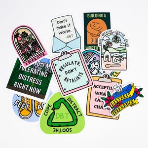 Stickerpakket DGT-vaardigheden – 12-pack stickerset dialectische gedragstherapie voor tijdschriften Waterflessen Laptops Zachte zelfzorg Mindfulness