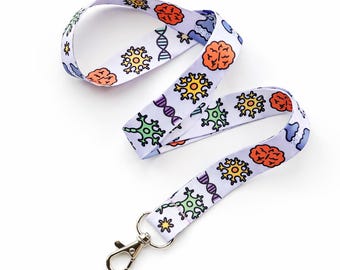 Lanyard: Neurobiology Design | Neurons, Synapses, BDNF, Brain Science Art | Neuroscience Badge ID Holder | Teacher Therapist Nurse Gift