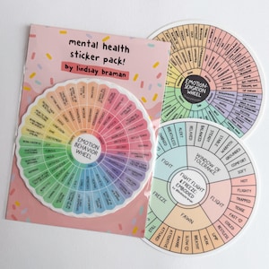 Peut inclure: Un ensemble de trois autocollants de roue de santé mentale colorés. La première roue est intitulée "Roue du comportement émotionnel" et présente un schéma de couleurs arc-en-ciel avec des mots décrivant les émotions et les comportements. La deuxième roue est intitulée "Roue des sensations émotionnelles" et présente un schéma de couleurs pastel avec des mots décrivant les sensations physiques. La troisième roue est intitulée "Fenêtre de tolérance" et présente un schéma de couleurs pastel avec des mots décrivant différents niveaux de tolérance.