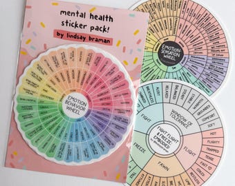 Puede incluir: Un conjunto de tres pegatinas de ruedas de salud mental coloridas. La primera rueda se titula "Rueda de comportamiento emocional" y presenta un esquema de colores arcoíris con palabras que describen las emociones y los comportamientos. La segunda rueda se titula "Rueda de sensación emocional" y presenta un esquema de colores pastel con palabras que describen las sensaciones físicas. La tercera rueda se titula "Ventana de tolerancia" y presenta un esquema de colores pastel con palabras que describen diferentes niveles de tolerancia.