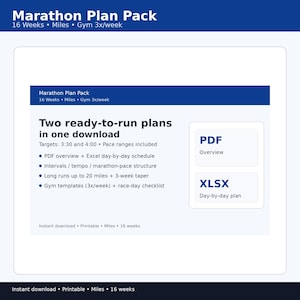 Puede incluir: Un paquete de plan de maratón digital con un encabezado azul que dice "Marathon Plan Pack" y "16 Semanas • Millas • Gimnasio 3x/semana". El plan incluye dos planes listos para correr, descripción general en PDF, calendario diario de Excel, etc. Descarga instantánea.