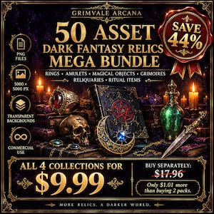 May include: A digital bundle titled Grimvale Arcana 50 Asset Dark Fantasy Relics Mega Bundle featuring rings, amulets, magical objects, grimoires, reliquaries, and ritual items. The image displays a skull, a book with a red pentagram, a crescent moon amulet, a green potion bottle, and a dagger.