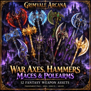 May include: A collection of 12 fantasy weapon assets titled Grimvale Arcana War Axes, Hammers, Maces & Polearms. The image displays various ornate weapons including glowing axes, hammers with blue lightning, skull-topped maces, and winged polearms.