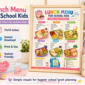 Könnte beinhalten: Ein gerahmter 28x36 cm Lunch Menu for School Kids visueller Plan mit täglichen Mahlzeiten, Illustrationen von Brotdosen, Obst und Gemüse sowie Textüberschriften, Listen von Lebensmittelgruppen und Tipps für gesunde Schulmahlzeiten.