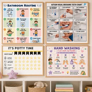 May include: Four educational wall charts featuring step-by-step visual guides for bathroom routines, teeth brushing, potty training, and hand washing. Each chart uses colourful illustrations and clear text to explain daily hygiene tasks for children.