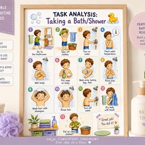 May include: A printable visual routine chart titled Task Analysis: Taking a Bath/Shower, featuring thirteen numbered illustrations of a child performing steps like turning on water, washing hair, and drying off, with a Great job! note at the bottom.