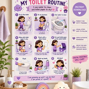 May include: A white framed wall chart titled My Toilet Routine featuring nine illustrated steps for potty training. Each panel shows a child in a purple shirt performing tasks like using water to clean, wiping, flushing, and washing hands with text.