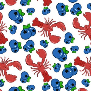 Può includere: Motivo ripetuto di aragoste rosse e mirtilli blu con foglie verdi su sfondo bianco. Il design è adatto a varie applicazioni, come tessuti o carta da parati.