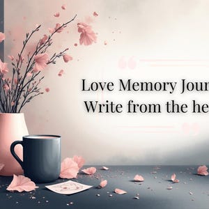 Può includere: Un'immagine di natura morta con un vaso rosa con rami fioriti, una tazza blu scuro e petali rosa sparsi. Il testo "Love Memory Journal Write from the heart" è visualizzato a destra.
