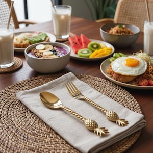 Handmade Brass Cutlery Set | Tropical Palm & Pineapple | Bali Tableware