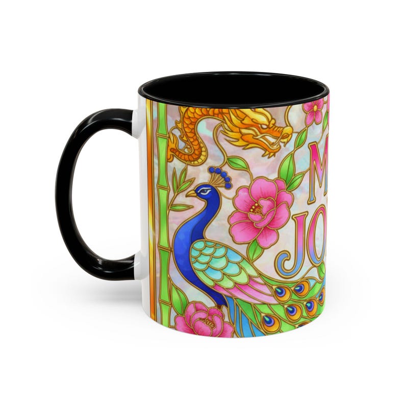 Mahjong Mug, Stained Glass Bird Bam Coffee Cup, American Mah Jongg Gift for Women Black