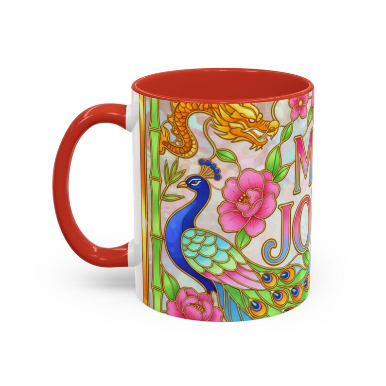 Mahjong Mug, Stained Glass Bird Bam Coffee Cup, American Mah Jongg Gift for Women Red