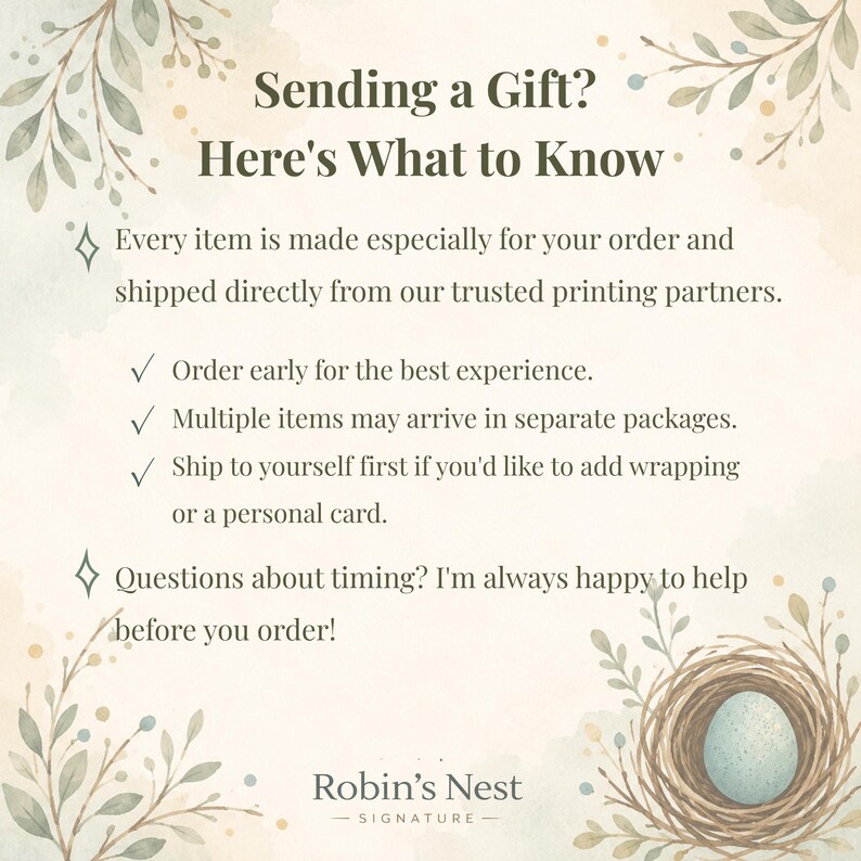 Gift tips graphic explaining that made-to-order items may ship directly from production partners, gift messages should be included in Etsy order notes, and packaging options vary by product.