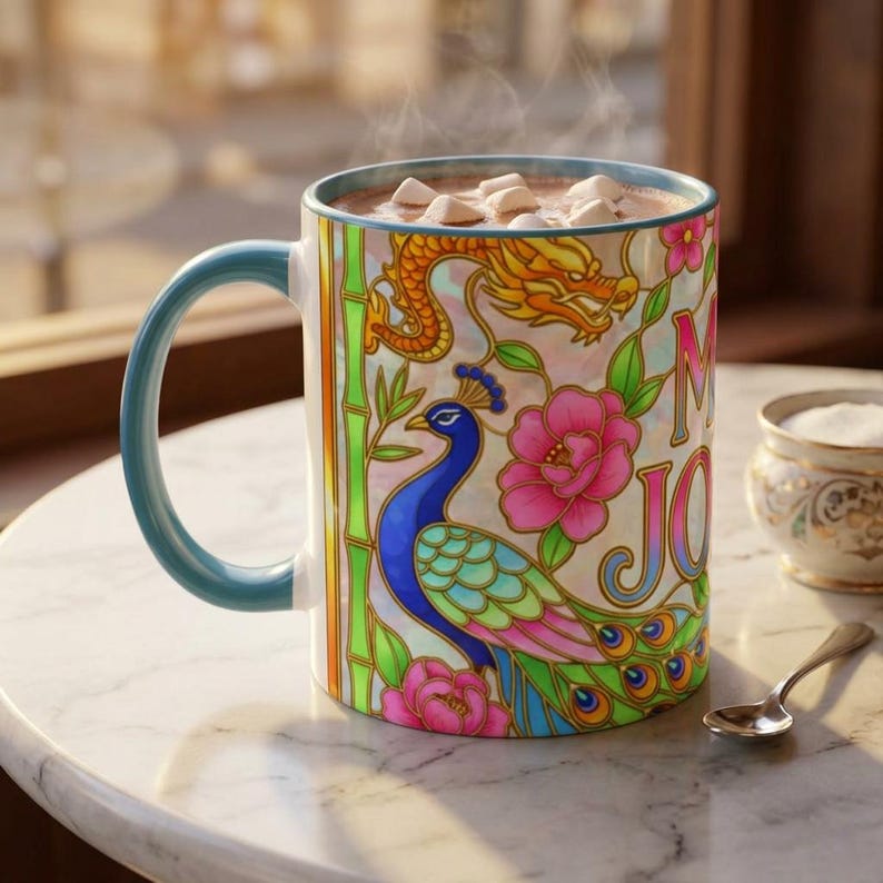 A ceramic mug with a light blue handle and interior, featuring a colorful peacock, dragon, and floral design. The mug has the phrase "Mah Jongg" printed on it but only the M and J are visible from this camera angle. The mug sits on a marble table next to a cup of sugar and spoon. Cup appears to be filled with hot chocolate with mini marshmallows.