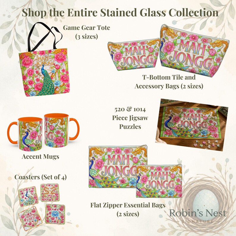 Stained Glass Collection of products available exclusively at Robin's Nest Signature Etsy Shop. A coordinated line of mahjong and stained glass inspired gifts.