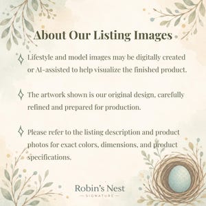 Informational graphic explaining that some lifestyle and model images in this listing are AI-assisted or digitally created to illustrate the finished product, while product artwork, colors, dimensions, and specifications accurately represent the item sold.