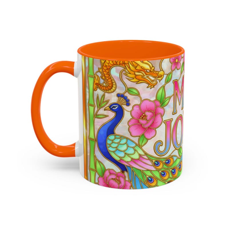 Mahjong Mug, Stained Glass Bird Bam Coffee Cup, American Mah Jongg Gift for Women Orange