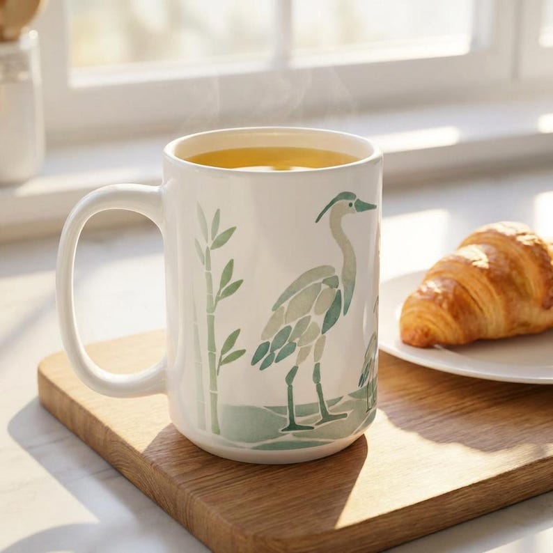 15 ounce ceramic coffee mug with muted sage green aesthetic. Mug shows a Heron and Bamboo stalks and is set on a cutting board with a coissant next to it.