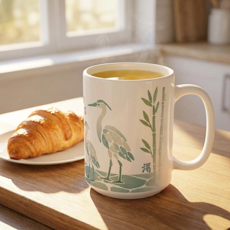 15 oz Ceramic Mug with steaming liquid presumably coffee or tea sitting on a wooden cutting board in front of a kitchen window and accompanied by a coissant. The coffee mug shows a heron and some bamboo stalks and appears to be made of sea glass mosaics in a muted sage green aesthetic