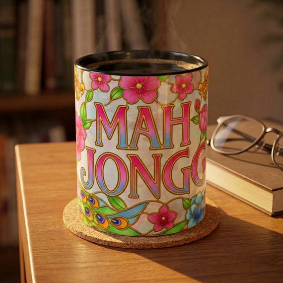 Mahjong Mug, Stained Glass Bird Bam Coffee Cup, American Mah Jongg Gift for Women