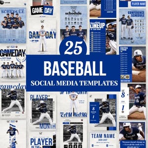 Pode incluir: Uma coleção de 25 modelos de mídia social com tema de beisebol em tons de azul e branco. Os modelos incluem anúncios de dia de jogo, horários de equipes, perfis de jogadores e gráficos de escalação inicial. A palavra "BASEBALL" é exibida em destaque.