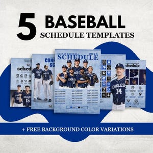 Op de afbeelding: Een afbeelding met vijf honkbalschema-sjablonen. De sjablonen bevatten teamfoto's, schema's en de tekst "Eagles Baseball Schedule 2026". De afbeelding bevat de tekst "+ FREE BACKGROUND COLOR VARIATIONS."