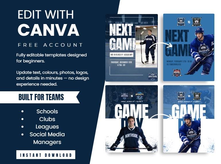 Hockey Social Media Canva Template | Editable Game Day Graphics ...