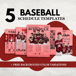 May include: A digital collection of 5 baseball schedule templates featuring a salmon-coloured theme with black text. The designs include photographs of baseball players in uniforms, team names, dates, and the text 2026 SCHEDULE and EAGLES BASEBALL.