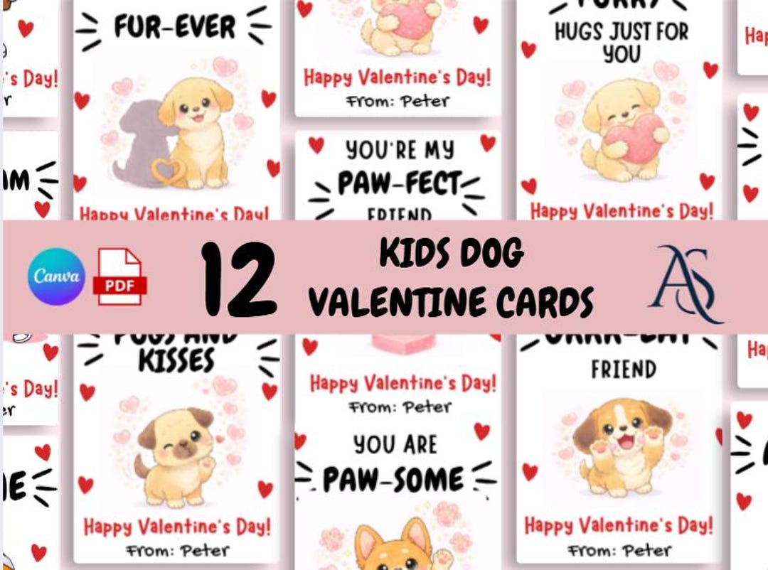Kids Dog Valentine Cards | Printable, Editable Canva Template for ...