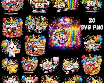 Happy Birthday Mascot PNG SVG Bundle | Celebration Clipart (20 Designs)