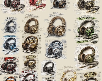 Retro Headphones SVG PNG Bundle, Vintage Audio Clipart ( 20 Digital Download)