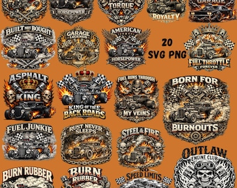 Hot Rod Skull SVG Bundle | Vintage Muscle Car PNG Graphics (20 Designs)
