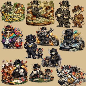 May include: A series of cartoon illustrations showing cats and mice in gangster attire. The images feature the characters in suits, smoking cigars, riding motorbikes, and playing poker. Some images include the text "Partners in Crime".