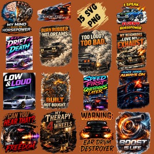 Puede incluir: Una colección de 15 diseños SVG y PNG con temática de coches. Los diseños presentan coches, motores y frases como "My Mind Runs on Horsepower", "Drift Till Death" y "Boost is Life". La paleta de colores incluye tonos de naranja, azul y negro.