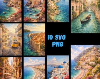Mediterranean Coastal Wall Art Bundle | European Summer Landscape Prints (PNG SVG Set)