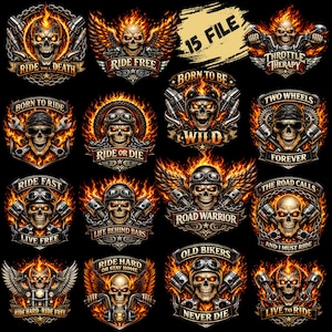 Puede incluir: Una colección de 15 archivos digitales con diseños de calaveras con llamas, alas y elementos de motocicletas. Cada diseño incluye texto como "Ride Free", "Born to Ride" y "Road Warrior", en un estilo audaz y ardiente.