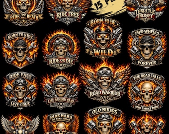 Biker Skull SVG PNG Bundle, Vintage Motorcycle Rider Clipart (Digital Download)