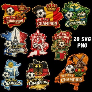 Puede incluir: Parches bordados con balones de fútbol, banderas nacionales y monumentos emblemáticos. Cada parche incluye el texto "We Are Champion". Los parches representan varios países, incluyendo una guitarra, una corona y un molino de viento. También incluye el texto "20 SVG PNG".