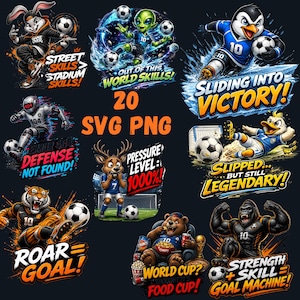 Könnte beinhalten: Eine Sammlung von 20 SVG- und PNG-Grafiken zum Thema Fußball, die Cartoon-Tiere und Außerirdische zeigen. Jede Grafik hat ein einzigartiges Design mit Texten wie "Street Skills" und "Roar = Goal!". Die Grafiken sind in leuchtenden Farben gehalten.