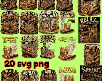 20 Whiskey Bourbon Cigar SVG Bundle | Vintage Bourbon Quotes PNG | Rustic Whiskey Glass Clipart | Bourbon Lover SVG | Instant Download